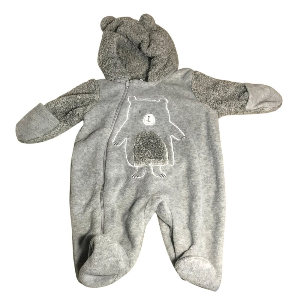 Koala Baby Baby Bear Fleece Bunting Romper Hooded & Ears 0-3M Gray Footed